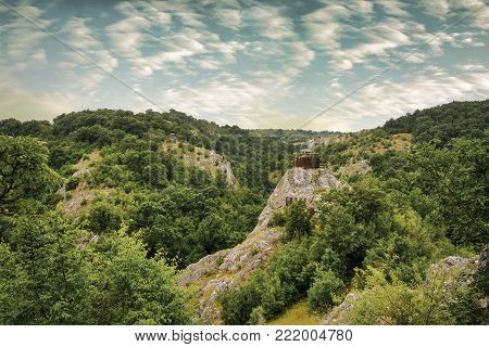 Landscape in the strandja National park ,  observation post in the background with epic sky