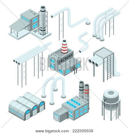 Factory pipe and set of industrial buildings. Isometric style pictures. Industry factory and industrial pipe for plant, vector illustration