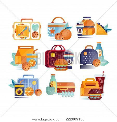 Vector set of icons with lunch boxes and bags with food and drinks. Hamburgers, sandwiches, cookies, juice, coffee, fruits. Lunchtime or breakfast concept. Cartoon flat illustration isolated on white.