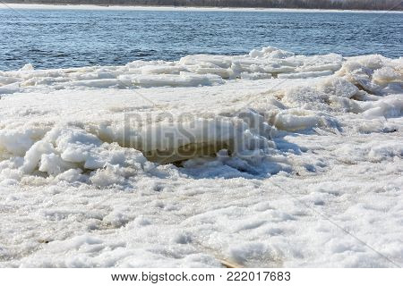 Huge chunks of ice on the river during the ice drift