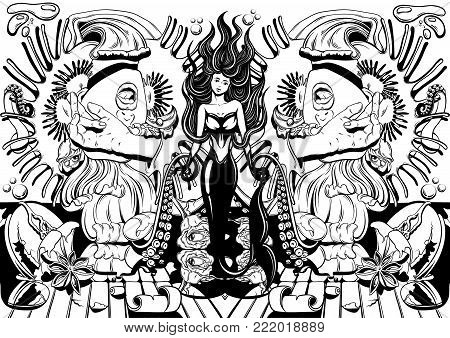 Vector hand drawn illustration  with screaming girl, tentacles, roses, Venus flytrap. Tattoo surrealistic artwork. Template for card, poster, banner, print for t-shirt, textiles, label, coloring book.