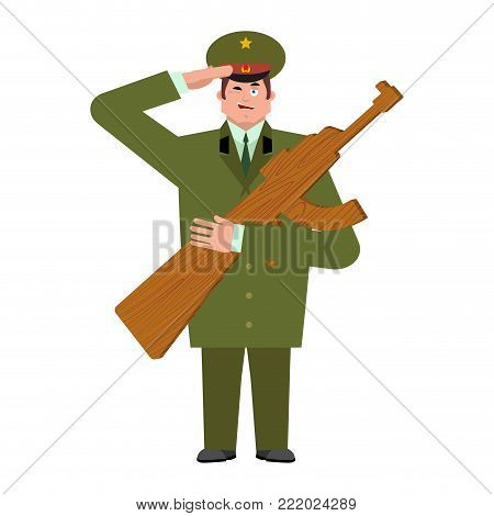 Russian soldier and Wood gun toys. Military holiday in Russia. Illustratioin for 23 February. Defender of Fatherland Day