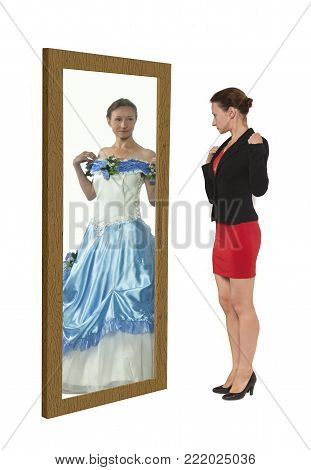Woman in a business suit seeing herself as a princess in a mirror