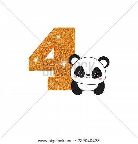 Gold glittering number four. Birthday anniversary number with cute panda. Birthday template with panda for greeting cards, invitations.