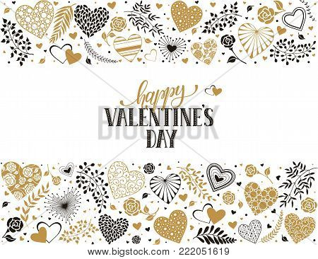 Happy Valentines Day greeting card with horisontal frame from hearts and floral elements in golden colors. Romantic hearts in horisontal composition with calligraphic phrase on white background.