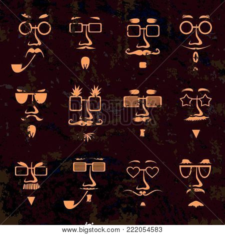 Hipster in glasses character faces avatars isolated on dirty grunge background. Hipsters style monochrome set. Faces collection for Fathers day design. Vector illustration