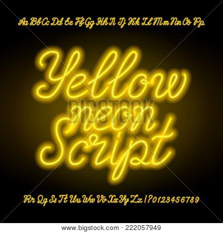 Yellow neon script alphabet font. Handwriting neon uppercase and lowercase letters and numbers. Hand drawn vector typeface for your headers or any typography design.