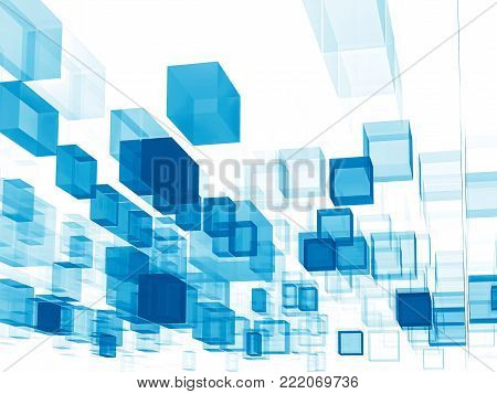 Tech background with blue moving cubes. Abstract computer-generated image - 3d illustration. Concept backdop for data blocks, hi-tech or science fiction design projects.