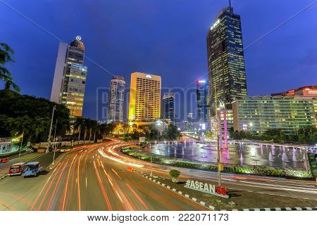 JAKARTA, INDONESIA - November 21, 2017. Heavy traffic during the rush hour on the Gatot Subroto highway in Jakarta business district in Indonesia capital city. The city is well known for its congestion problem