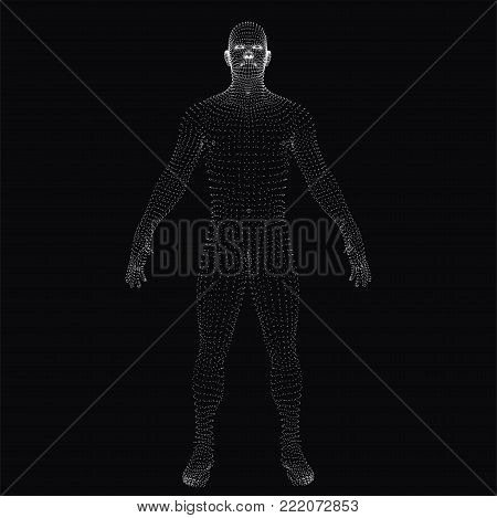 Dotted wireframe human full body in virtual reality. Medical scanned 3D model. Polygonal technology design