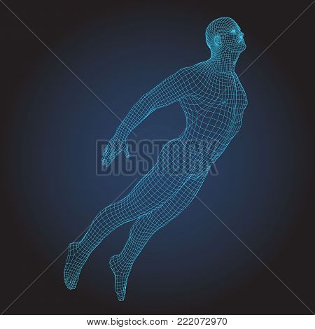Wire frame human flying full body in virtual reality. Medical blue print scanned 3D model. Polygonal technology design