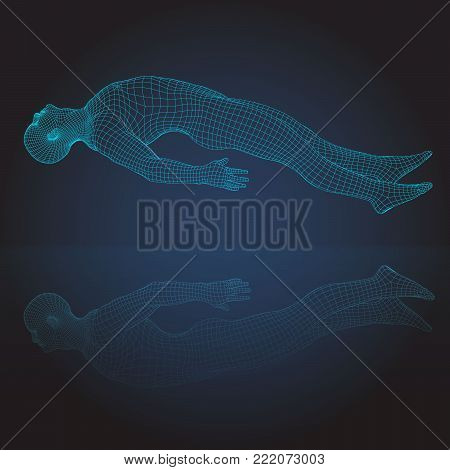 Wire frame human full body in virtual reality. Medical blue print scanned 3D model. Polygonal technology design