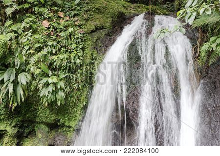 Beautiful waterfall with name Cascades aux Ecrevisses. Guadeloupe, Caribbean Islands
