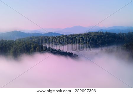 Unimaginable Foggy Mountain Landscape In Purple Tinting.