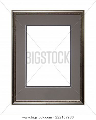 Vintage old wooden classic silver gray painted vertical rectangular frame and cardboard mat (passe partout mount) for picture or photo, isolated on white background, close up
