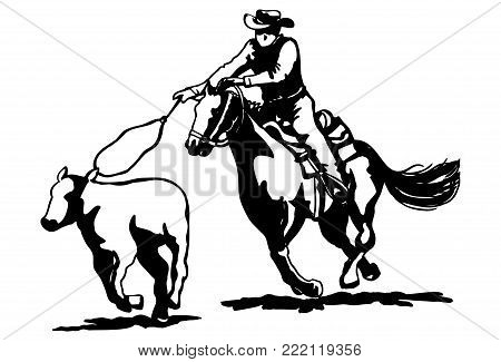 Illustration of cowboy riding horse with lasso roping a cow
