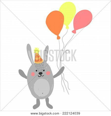 Cute Happy Birthday card with rabbit. Cartoon vector illustration with cute birthday rabbit in party hat with colorful baloons
