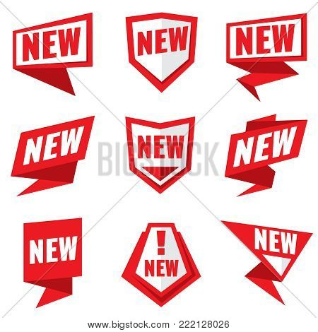 New product status vector labels. New status badge for product tag illustration