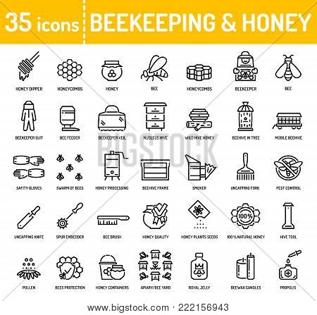 Honey beekeeping and apiculture line icons. Honey processing, beekeeper equipment tools, organic products, apiary