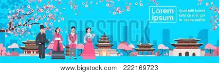 Korea People In Traditional Costumes Over Palace Landscape Sakura Trees South Korean Famous Landmark View Flat Vector Illustration