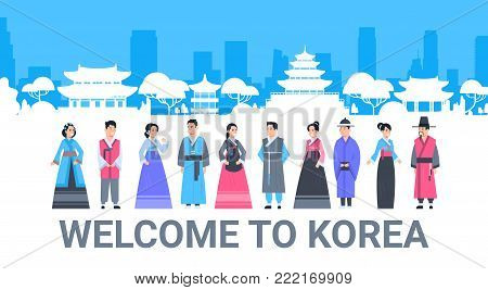 Welcome To Korea People In Traditional Costumes Over Palace Famous Korean Landmarks Silhouette Tourism Poster Flat Vector Illustration