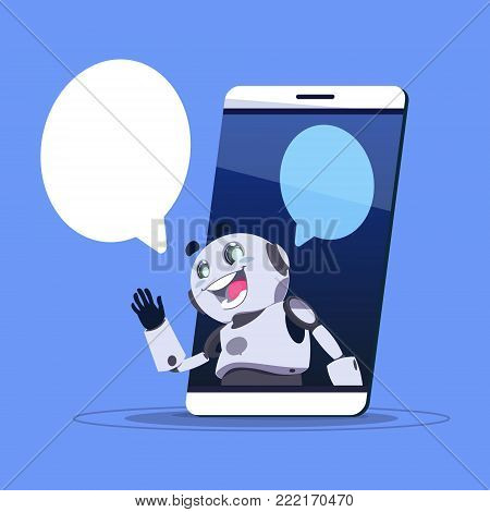 Chat Bot App Of Technical Support In Smart Phone Template Banner With Copy Space, Chatter Or Chatterbot Virtual Web Service Concept Flat Vector Illustration