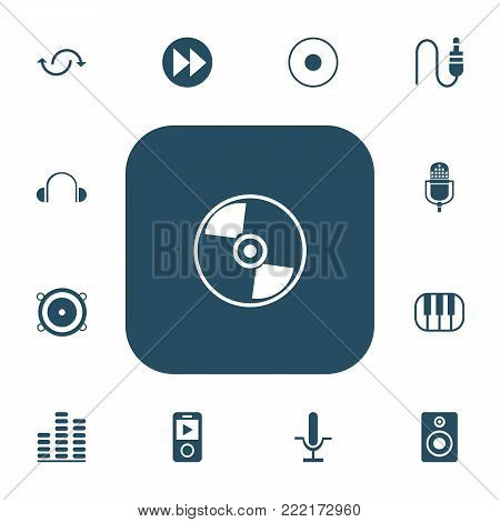 Set of 13 editable music icons. Includes symbols such as studio mic, advanced, music speaker and more. Can be used for web, mobile, UI and infographic design.