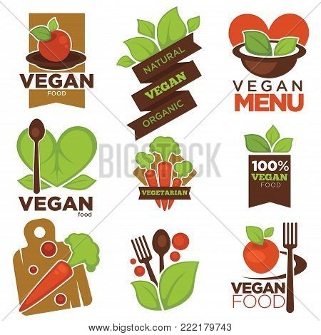 Vegetarian cafe logo templates vector for vegan restaurant menu. Set of green heart and vegetables leaf, carrot and spoon, veggie apple and fork for vegetarian food cuisine