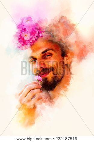 Smiling man with flower in hand and softly blurred watercolor background