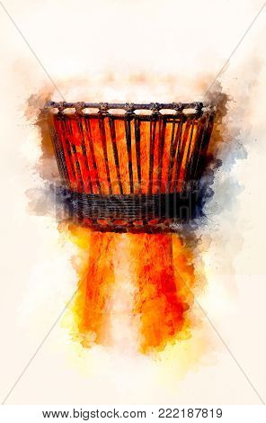 Original african djembe drum with leather lamina and softly blurred watercolor background