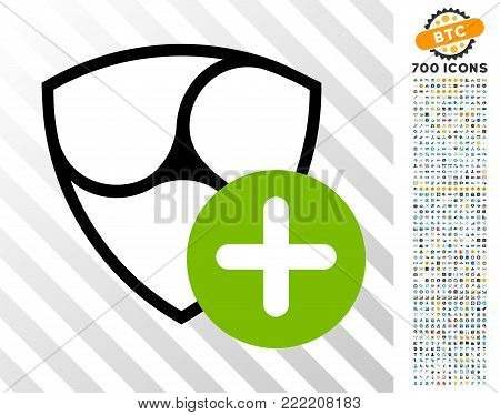Nem Plus pictograph with 700 bonus bitcoin mining and blockchain icons. Vector illustration style is flat iconic symbols design for crypto currency apps.