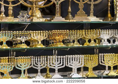 JERUSALEM, ISRAEL - 22 NOVEMBER 2017: The market of religious objects of worship of different religions in the territory of the old Jerusalem