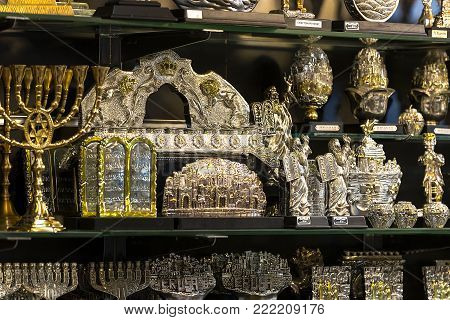JERUSALEM, ISRAEL - 22 NOVEMBER 2017: The market of religious objects of worship of different religions in the territory of the old Jerusalem