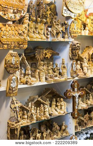 JERUSALEM, ISRAEL - 22 NOVEMBER 2017: The market of religious objects of worship of different religions in the territory of the old Jerusalem