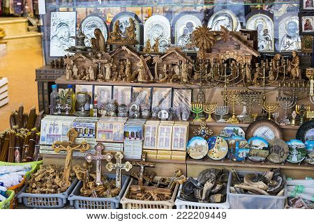 JERUSALEM, ISRAEL - 22 NOVEMBER 2017: The market of religious objects of worship of different religions in the territory of the old Jerusalem