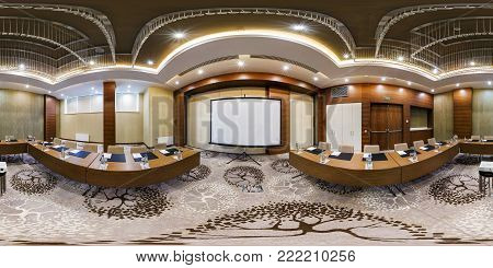 Minsk, Belarus - July 27, 2017: 360 Panorama View In Modern Empty Conference Hall For Business Meeti