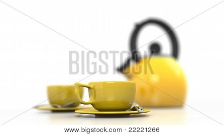 Bouilloire et tasses à café jaunes