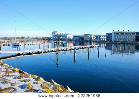 Peaceful small boat harbor by Farjestaden at the swedish island Oland in the Baltic Sea