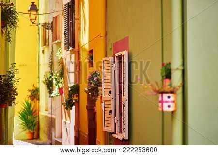 Typical Colorful Italian Houses On A Street Of Bosa, Sardinia, Italy