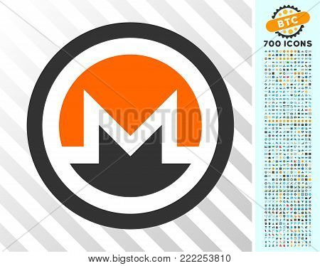 Monero pictograph with 700 bonus bitcoin mining and blockchain symbols. Vector illustration style is flat iconic symbols design for blockchain websites.