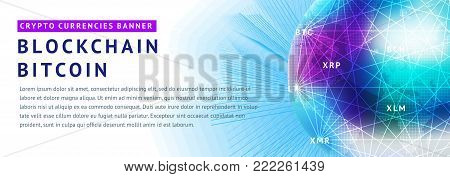 Abstract background on the theme of blockade and crypto currency in blue and purple colors for the design of banners, websites, polygraphy, magazines, booklets.