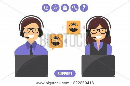 Customer support service, technical support call center concept. Vector flat style illustration