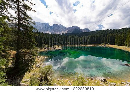 Lago di Carezza Karersee, Lake in the Dolomites in South Tyrol Italy