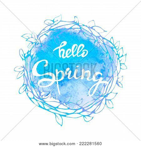 Vector colorful poster Spring sale with circlet wreath frame, watercolor texture and floral background. Illustration can be used as card, flyer, banner