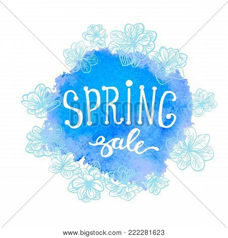 Vector colorful poster Spring sale with circlet wreath frame, watercolor texture and floral background. Illustration can be used as card, flyer, banner
