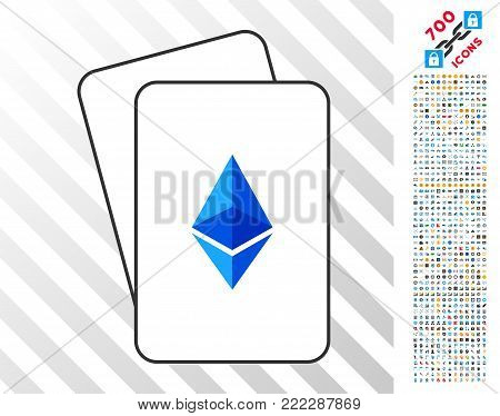 Ethereum Lite playing cards icon with 700 bonus bitcoin mining and blockchain pictures. Flat vector icons for gambling and crypto- currency websites.