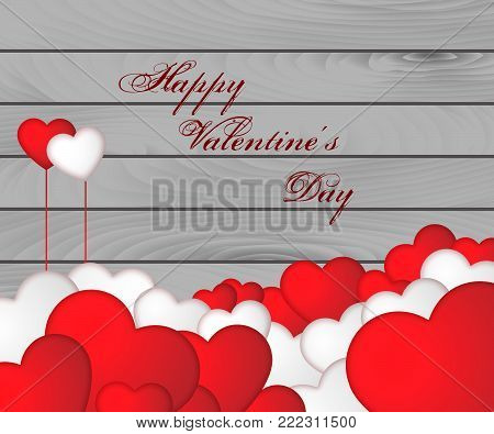 Beautiful greeting card for Valentine's Day, vector banner with white and red hearts on grey wooden background