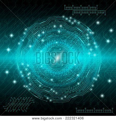 Blue abstract digital technological background with various rotating elements. Vector illustration.