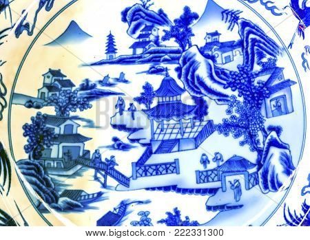 Old Chinese Design Blue White Ceramic Plate  Panjuan Flea Market  Beijing China. Panjuan Flea Curio market has many fakes, replicas and copies of older Chinese products, many ancient.