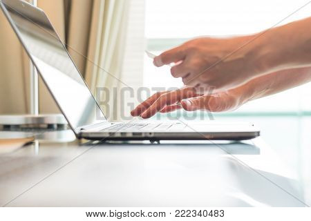 Digital lifestyle people using credit card paying purchase for omni-channel marketing from home